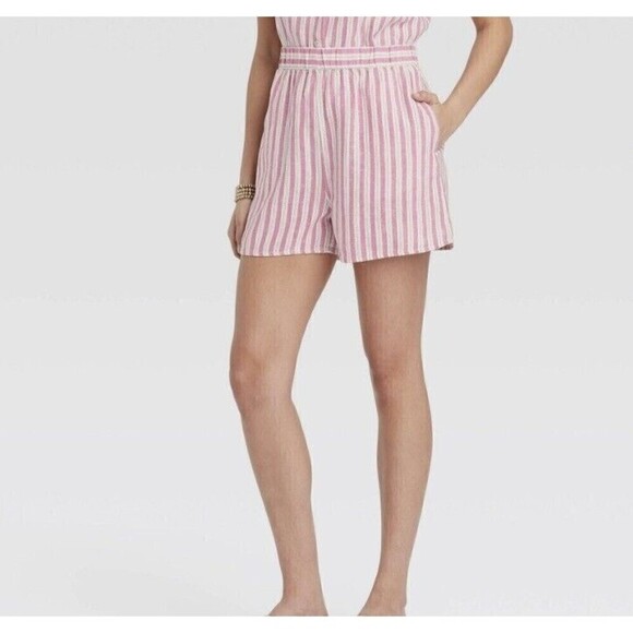 Universal Thread Shorts Women's Large Pink White Stripe Linen-Blend SHORTS - Picture 1 of 13